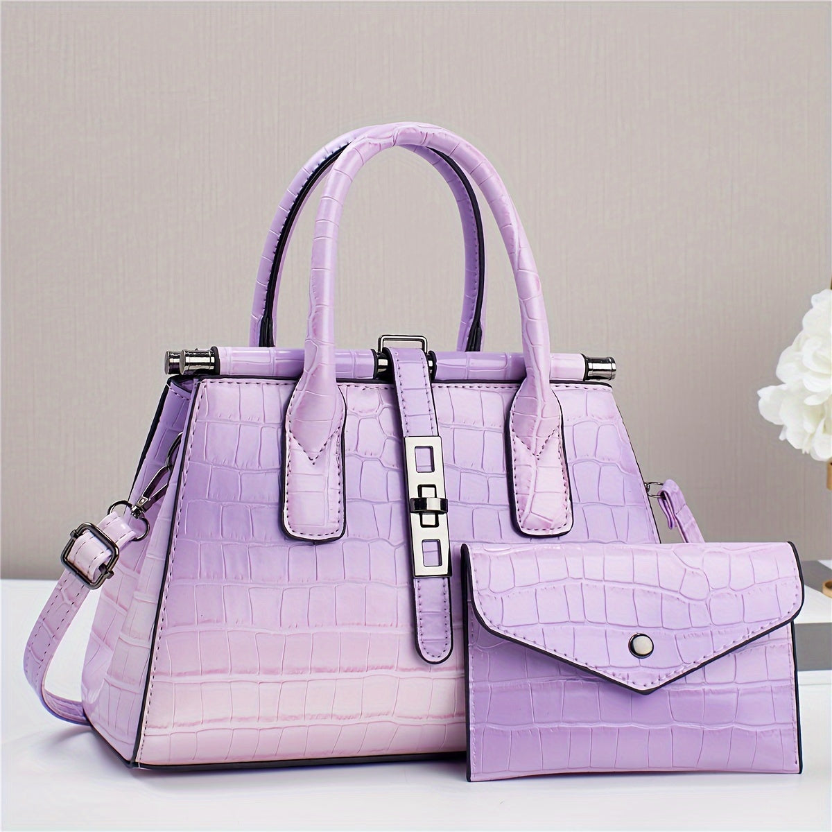 2 Pieces, Multi-Pocket Crocodile Pattern Tote Bag Set with Divider, Shoulder Bag,