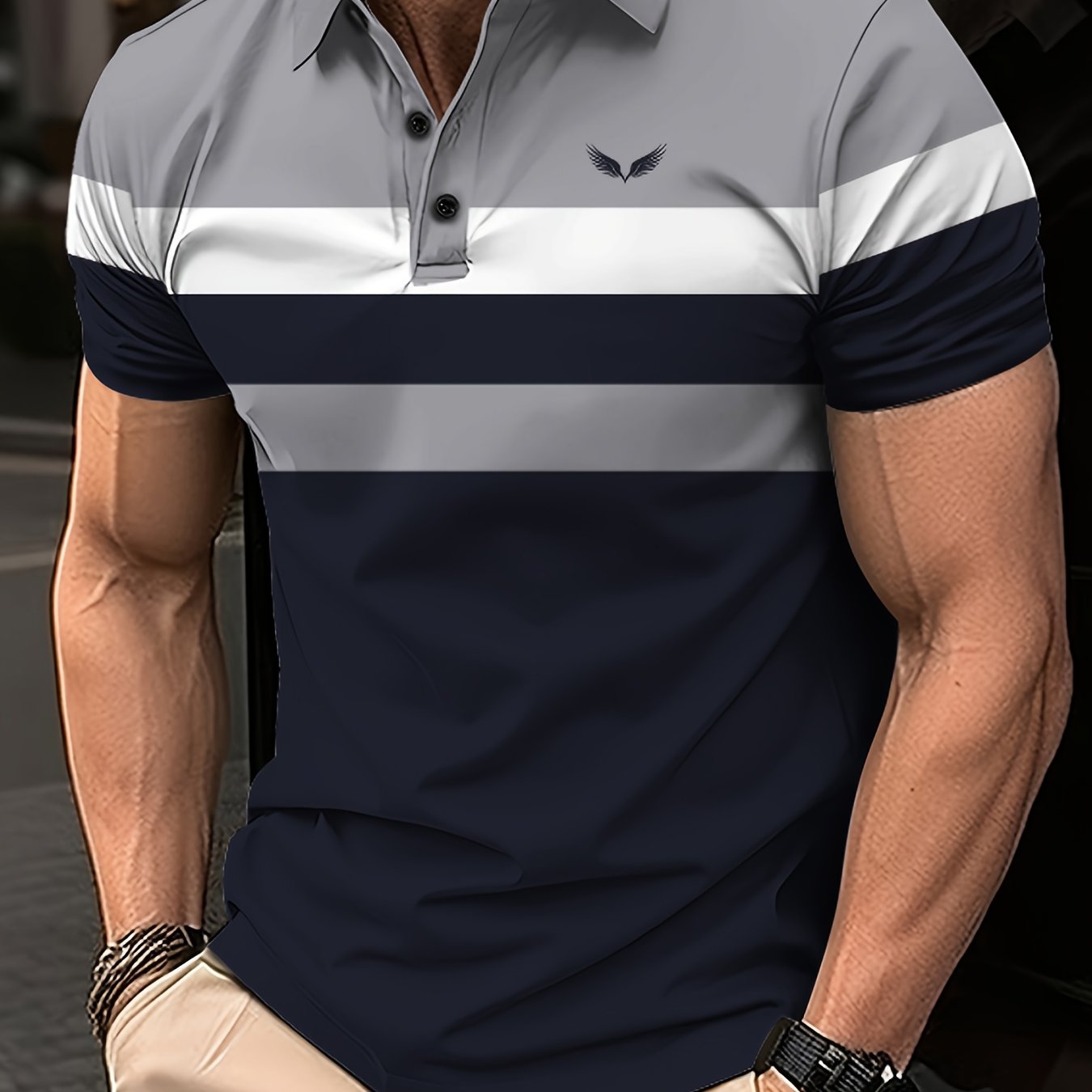 Men's Color Blocking Stripe Print Golf Shirt for Summer, Casual Stylish Short Sleeve Top As Gift