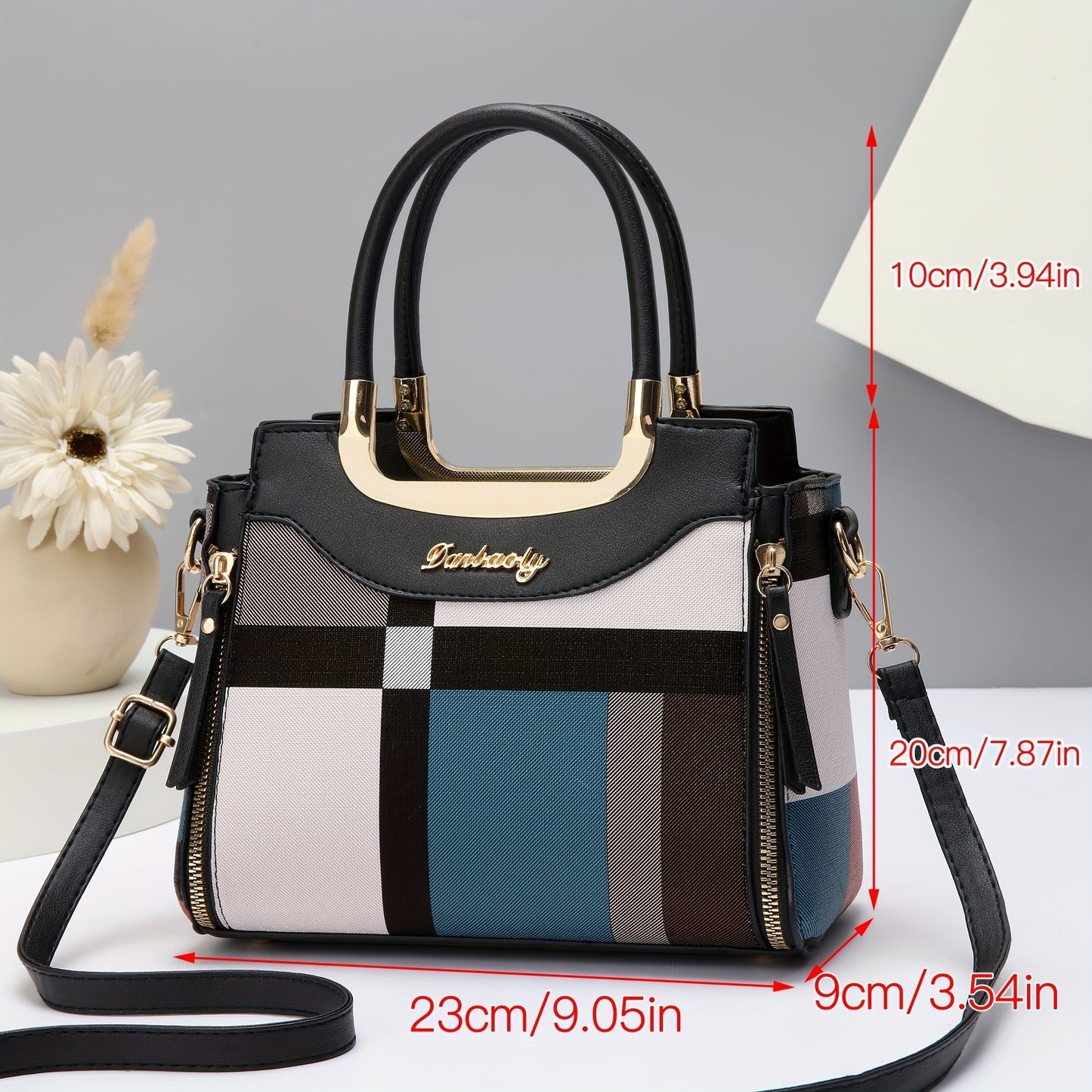 [1pc Chic Women'S Fashion Handbag] Elegant Faux Leather Plaid Top-Handle Bag with Adjustable Strap and Zipper Closure,