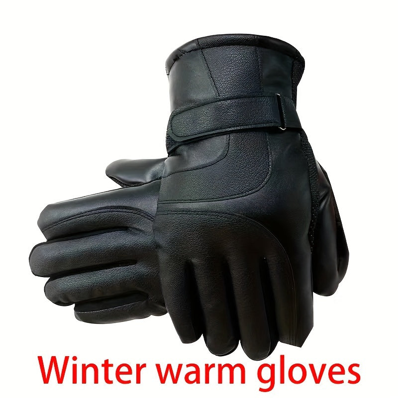 1 Pair Elegant Men'S Winter Gloves, PU Leather, 100% Polyester Fiber, black