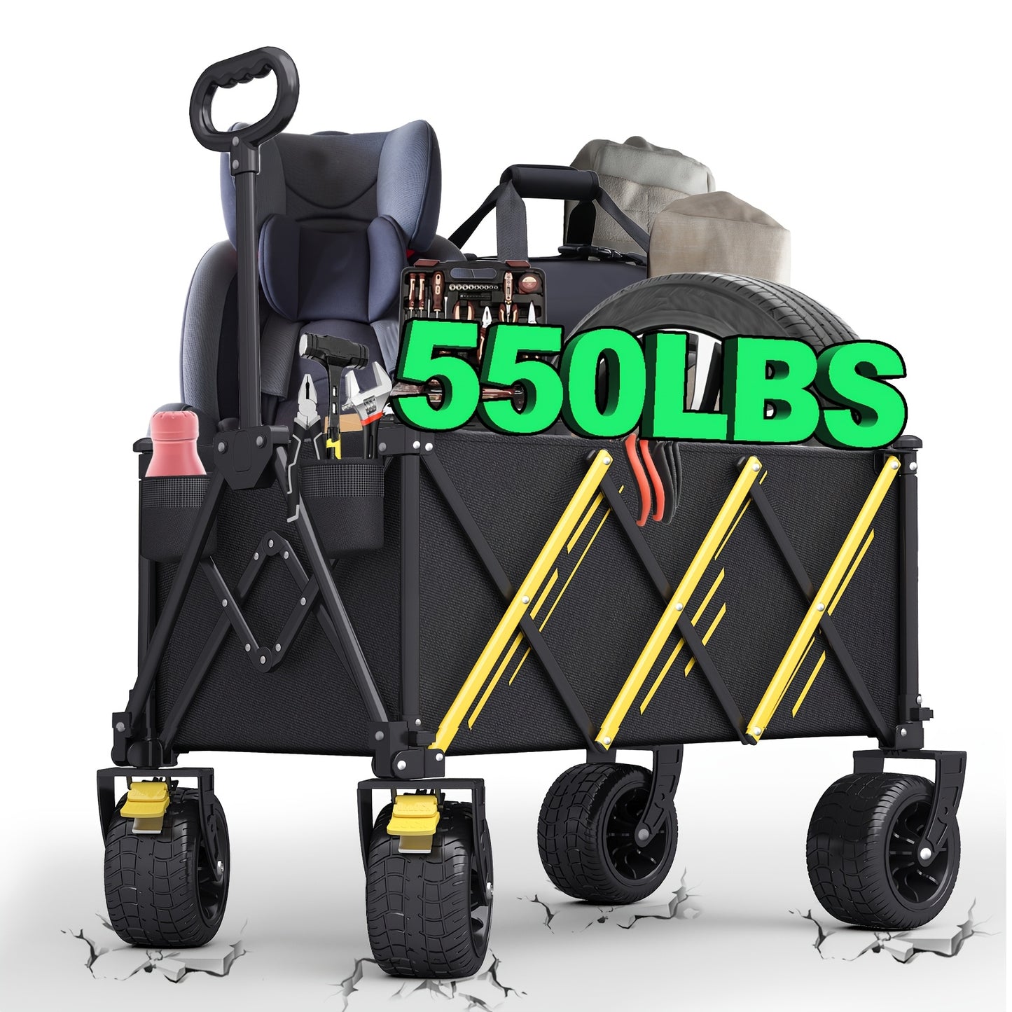 Versatile Folding Cart - 550 lbs Capacity, Heavy Duty with All-Terrain Wheels for Beach, Lawn, Sports and Camping - Black, 29.92 Inch - RV Life Accessories,