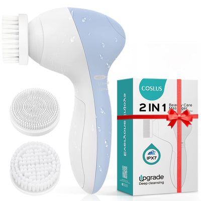 2-in-1 Electric Facial Cleansing Brush and Exfoliating Massage Device - Waterproof Rotating Spa Machine for Deep Skin Cleaning 
