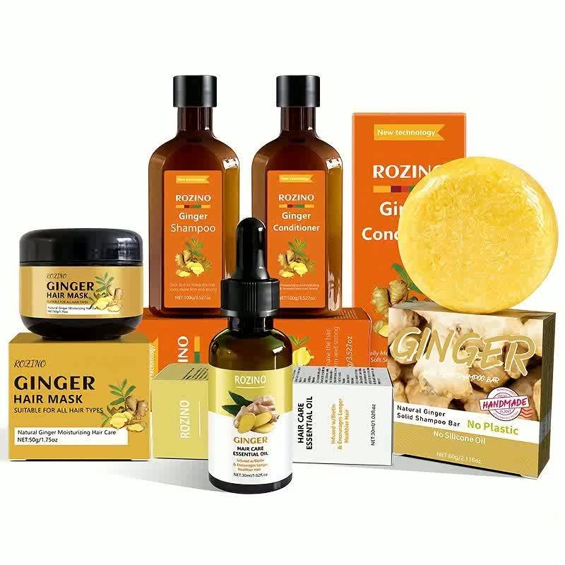 Ginger Hair Care Set, including shampoo, conditioner, shampoo soap, hair mask and essential oil, provides a comprehensive hair care solution,