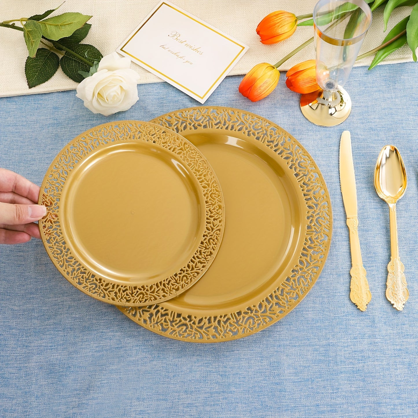 210 pcs Solid Golden Disposable Plates with Golden Plastic Silverware and Cups for Party,