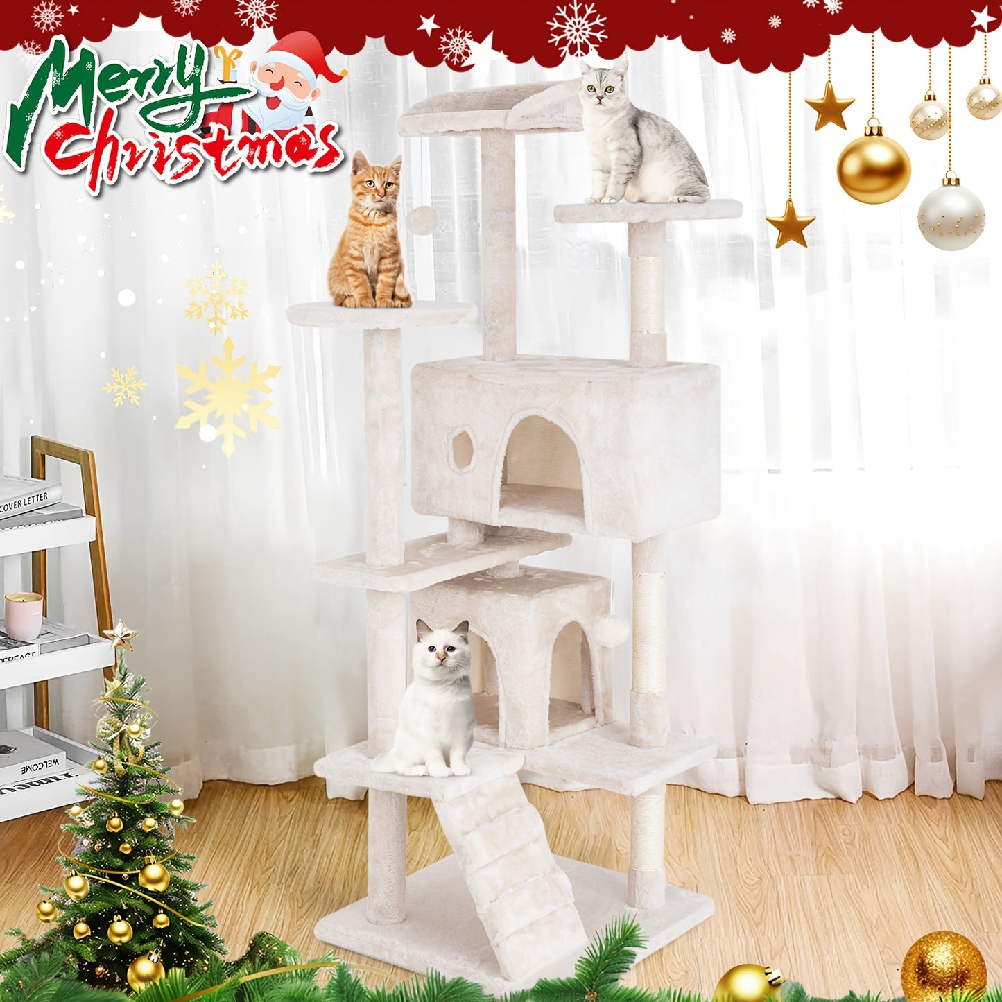 54"-70" Multi-Level Cat Tree Tower for Indoor Cats, Durable Plywood