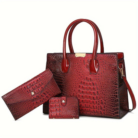 3pcs Stylish Tote Bag Set - Premium PU Leather Textured Shoulder Bags with Card Holder,