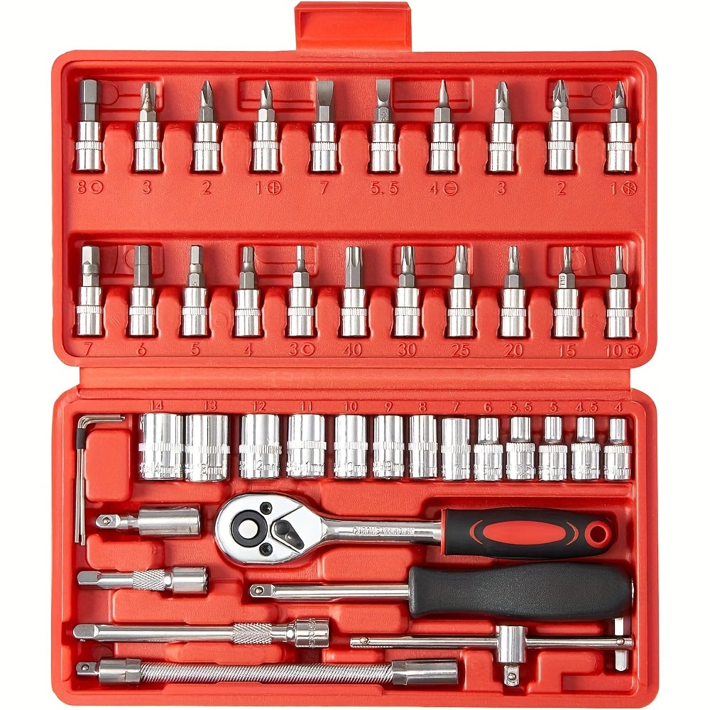 46pcs 1/4" Drive Ratchet Wrench Set With Drill Bit Set Metric And Extension Rods For Auto Repair And Home Use, Ideal For Car, Motorcycle, Bicycle Repair And Construction Use, Storage Case Included