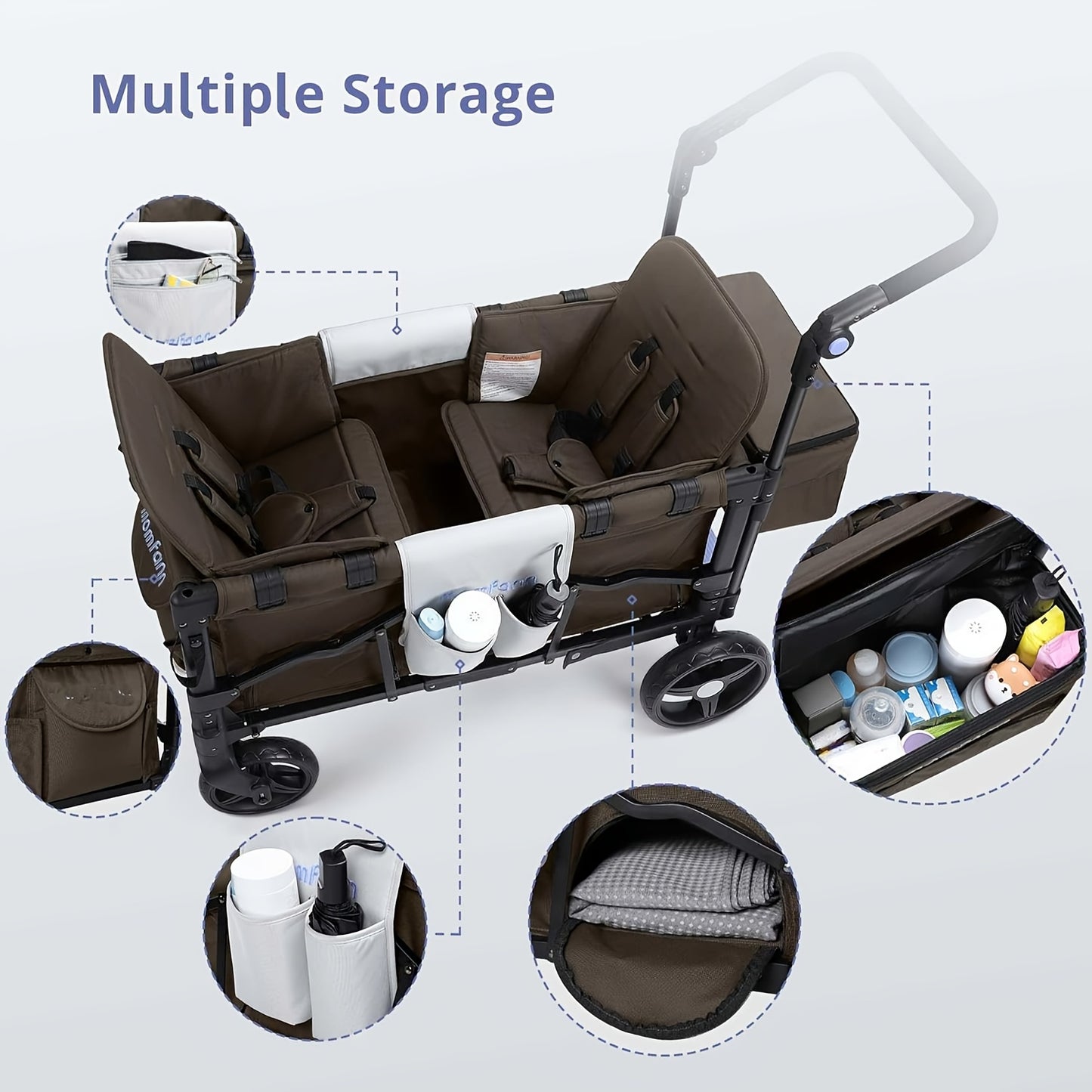 Stroller Wagon For Kids, Wagon 2 Seaters, Collapsible Wagon Parent Organizer, Adjustable Handle & Pull Bar For Infants And Toddlers, Brown