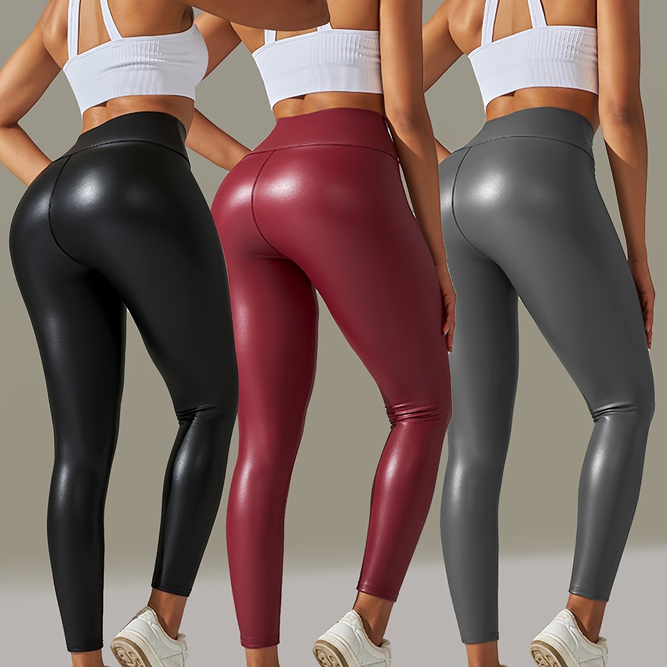 3pcs Of Big Size Faux Leather Pants Women'S Leggings High Waist Tight Sexy Color Yoga Pants Women