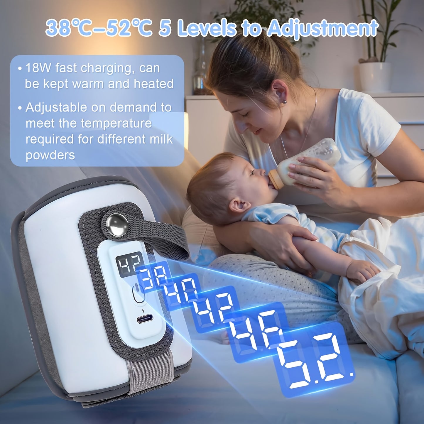 USB-Powered Milk Warmer with 5 Temperature Settings, LED Display, Quick Heating,