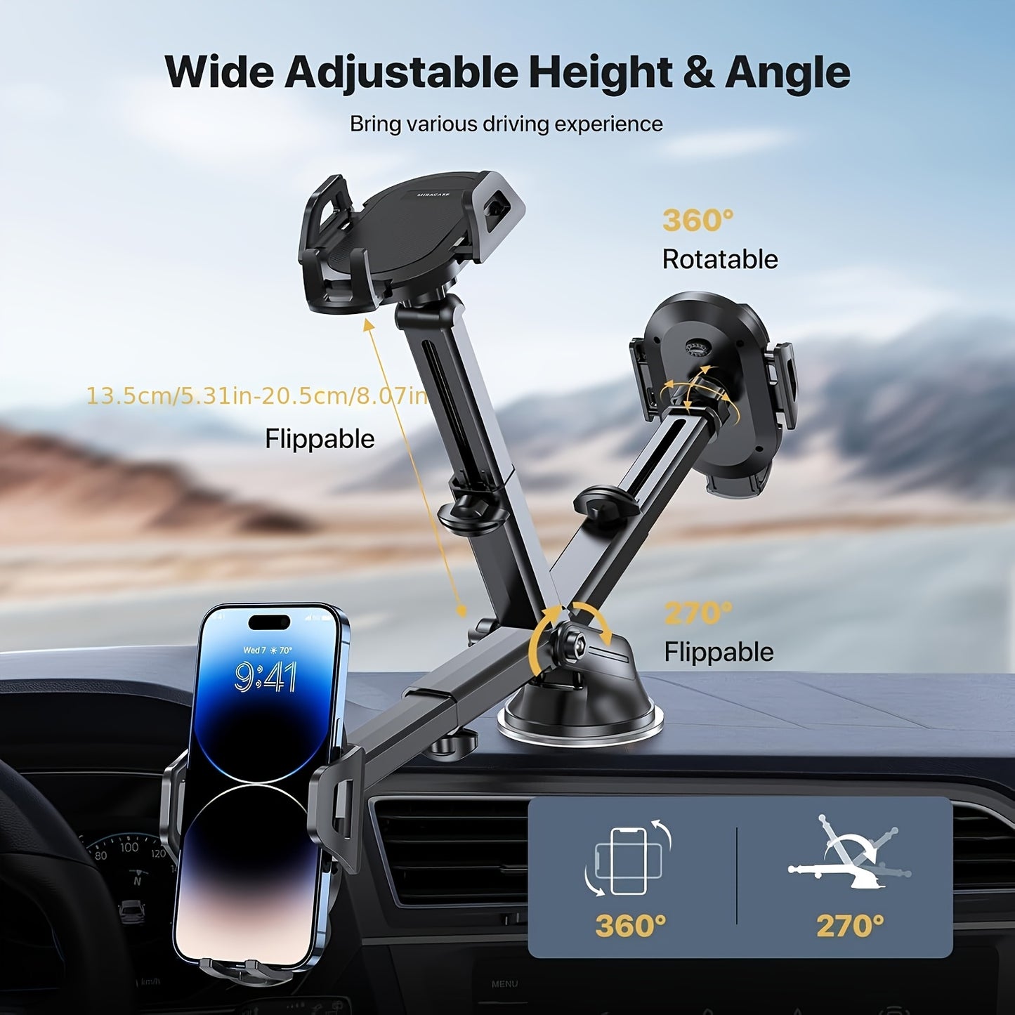 Miracase 3-in-1 Car Phone Mount - Super Suction Dashboard & Air Vent Holder with Telescopic Arm, Adjustable Cradle for All Phones, Quick Release, Durable Metal Hooks