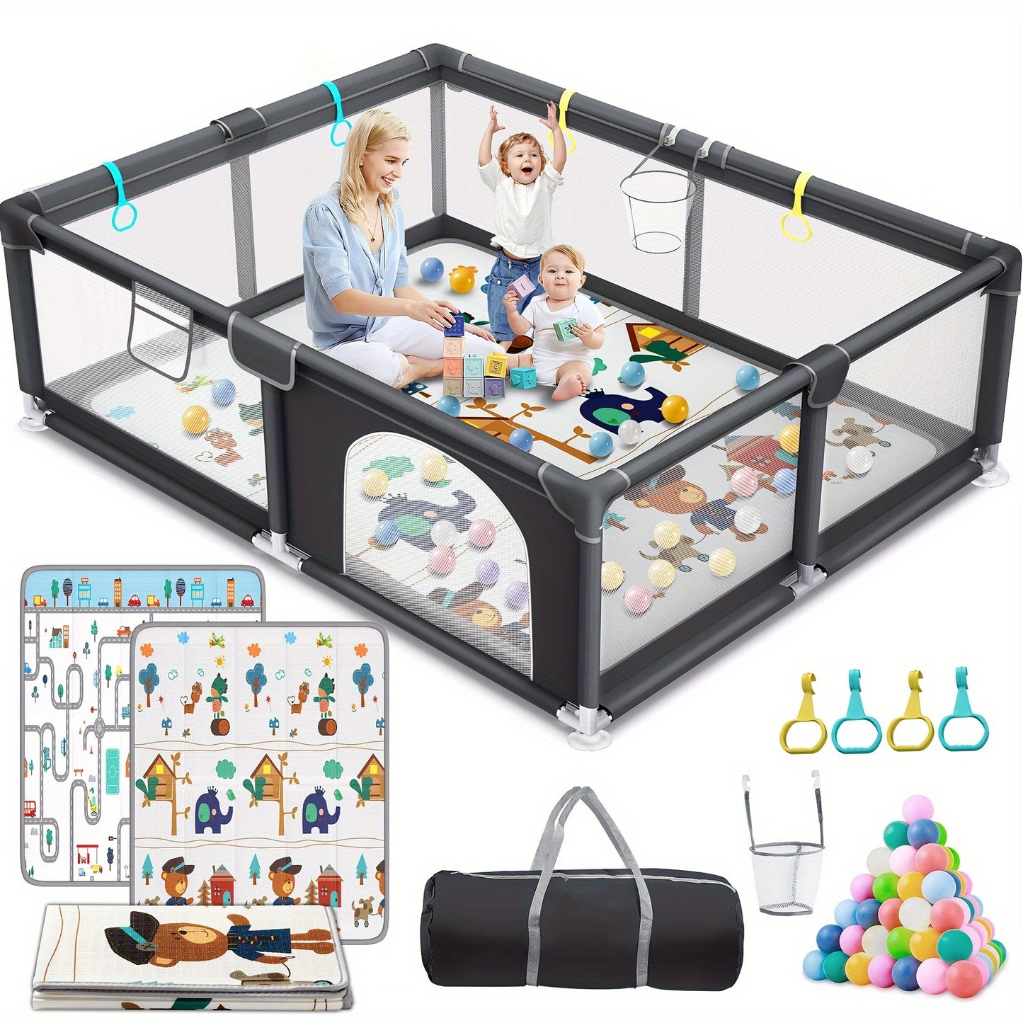 Youngsters Playpen, Large 50"x50" Fence with Padded Top Bar, Sturdy Safety Enclosure, Zippered Door for Outdoor Use, Black