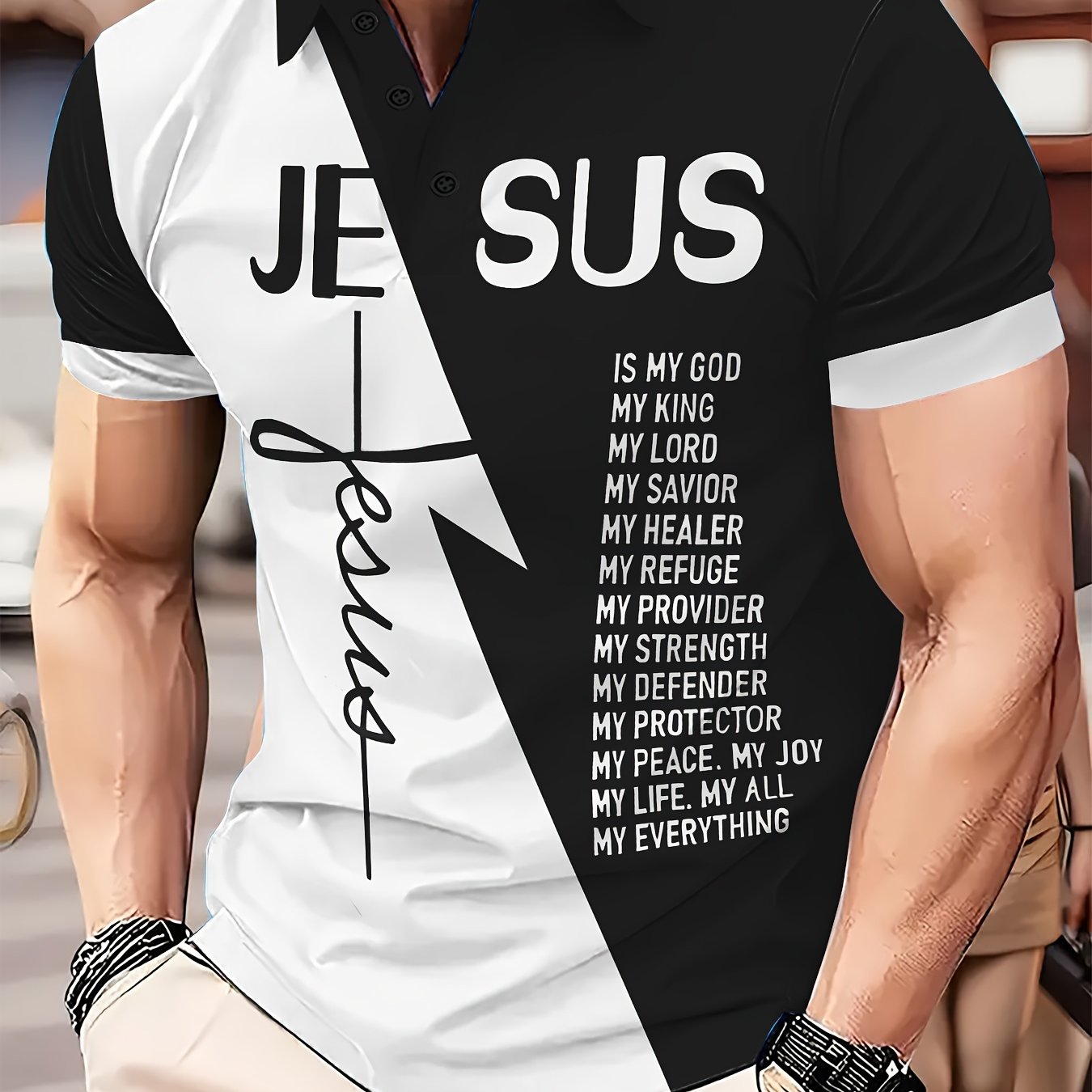 Men's Inspirational Jesus Polo Shirt -  Graphic Print, , Comfort Stretch - Ideal for Golf, Running, Casual Summer Wear