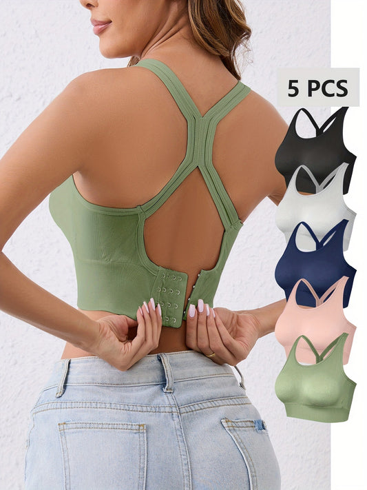 5pcs Women'S High-Support Wireless Sports Bra - Comfortable,with Removable Pads & Crisscross Back Design