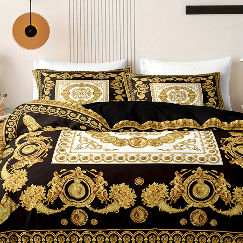 3 Pieces Luxury Black & Golden Digital Printed Duvet Cover Set with Pillowcases - Suitable for EU Single, EU Double, US Twin, US Full, US Queen, US King, and US Super King Beds - Machine Washable, Zipper Closure, 90g Polyeste