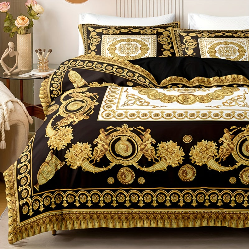 3 Pieces Luxury Black & Golden Digital Printed Duvet Cover Set with Pillowcases - Suitable for EU Single, EU Double, US Twin, US Full, US Queen, US King, and US Super King Beds - Machine Washable, Zipper Closure, 90g Polyeste