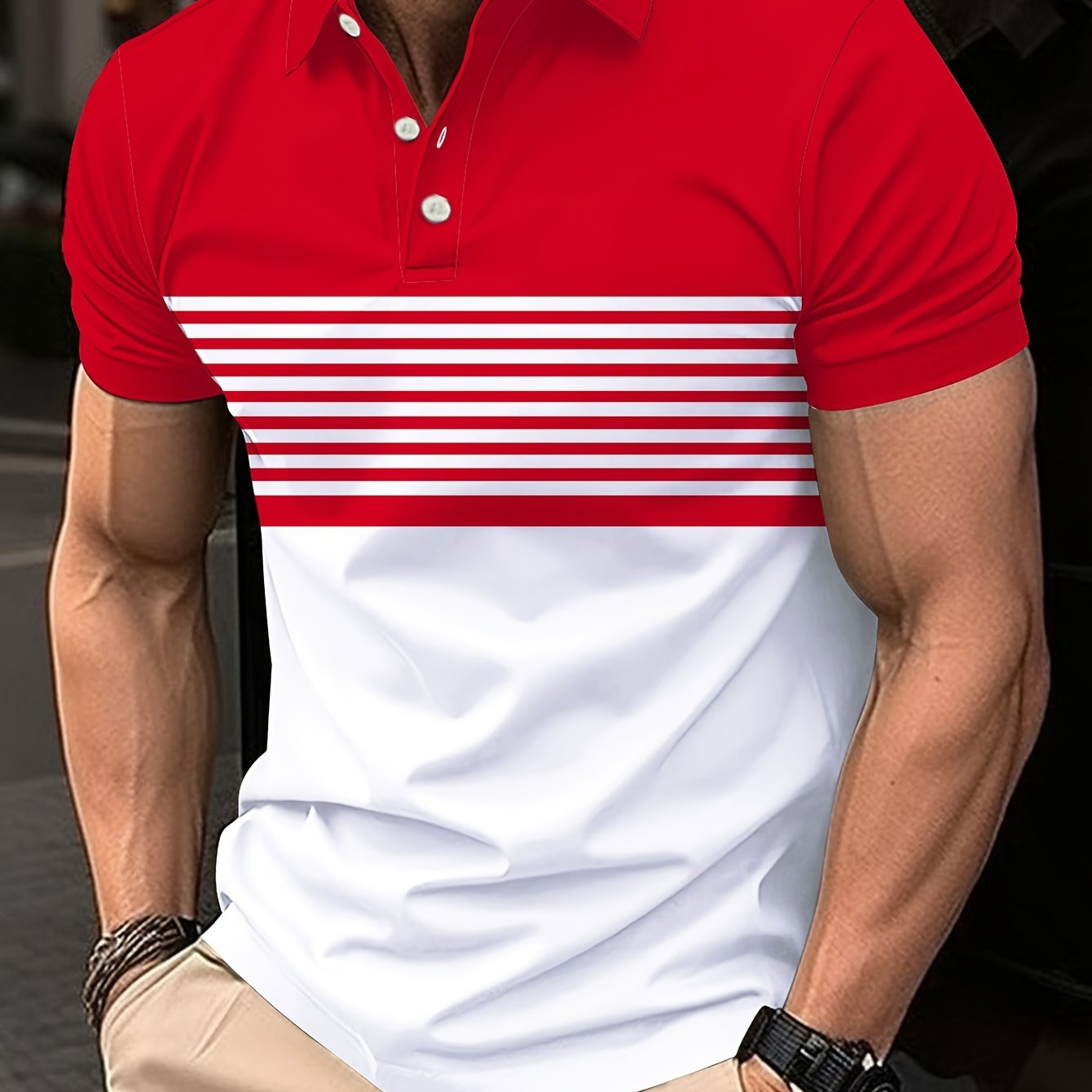 Stylish Men's Striped Golf Shirts - Color-Blocked, Short Sleeve, Lapel Design, Slight Stretch, Regular Fit, - Perfect for Warm Weather Outings