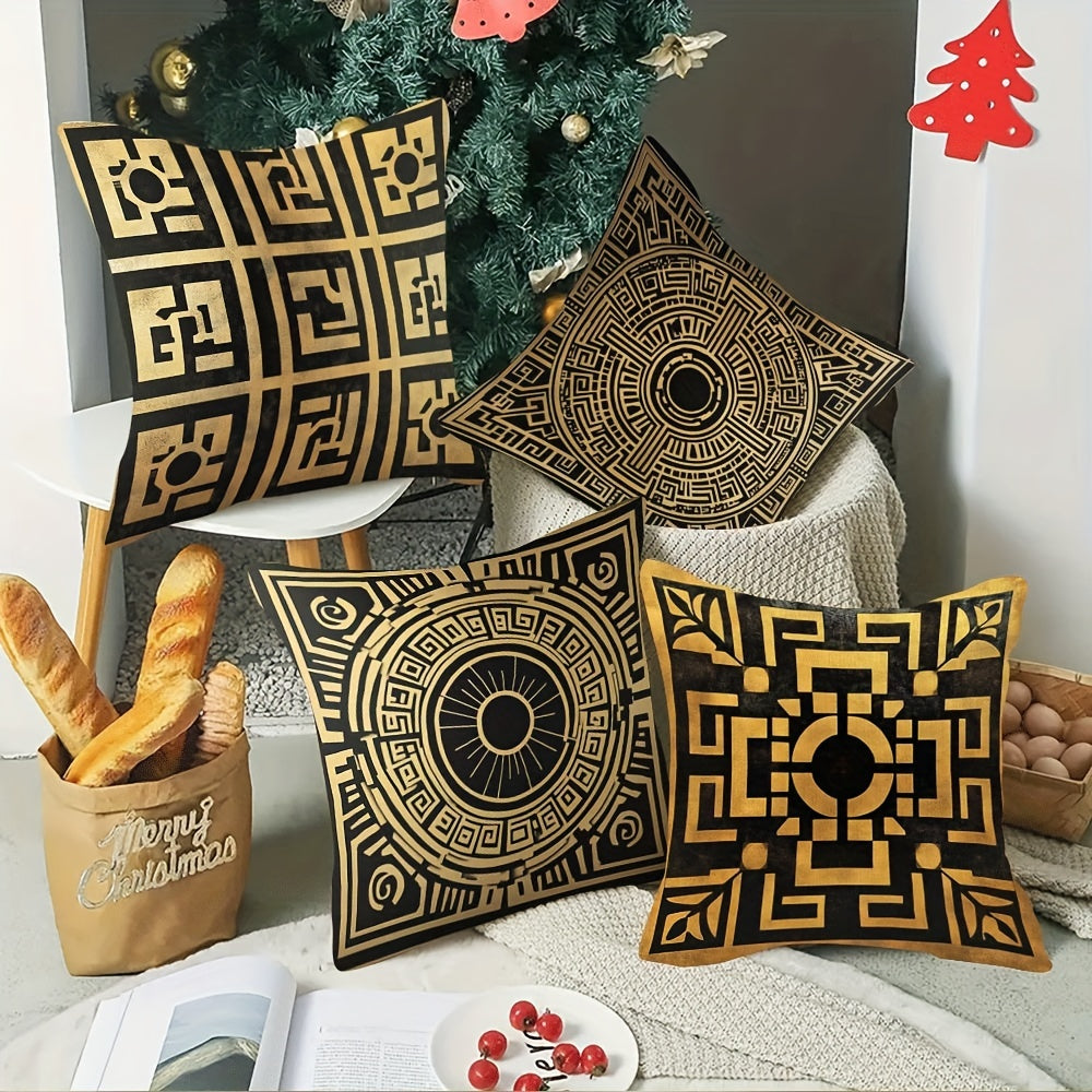 4-Pack Greek Key Design Polyester Throw Pillow Covers, Double-Sided Print, Decorative Cushion Cases for Home, Autumn & Winter,  - 18x18 Inches, No Insert