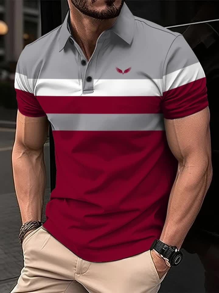 Men's Color Blocking Stripe Print Golf Shirt for Summer, Casual Stylish Short Sleeve Top As Gift