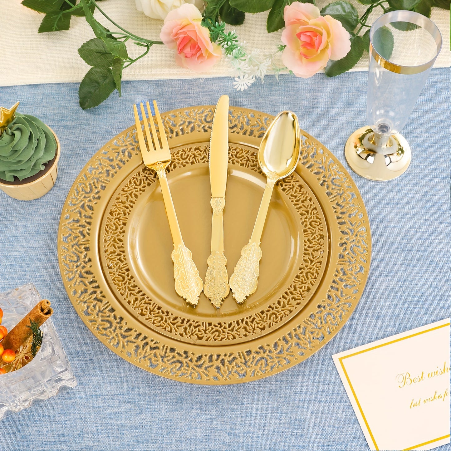 210 pcs Solid Golden Disposable Plates with Golden Plastic Silverware and Cups for Party,