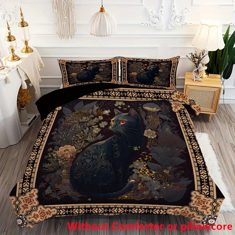 2/3pcs Bohemian Black Cat Print Duvet Cover Set (1 Duvet Cover + 1/，2 Pillowcase, Without Core), Soft Comfortable Bedding Set, for Bedroom,