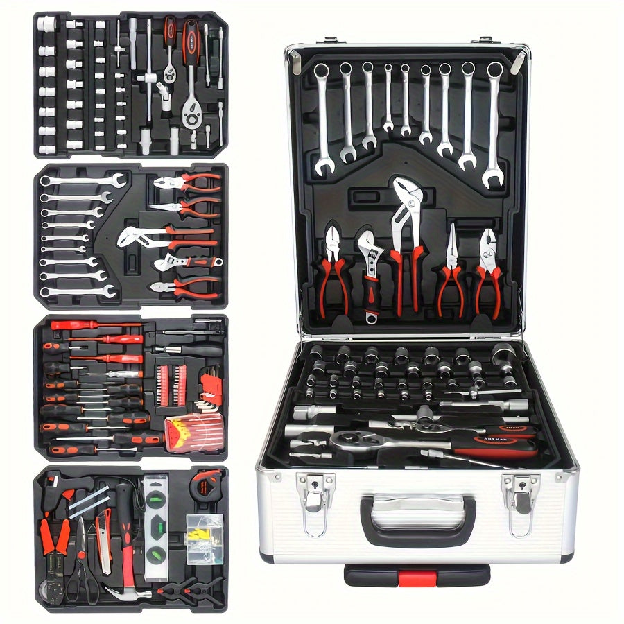 899/53 sets of tools, handheld tools portable 4-layer toolbox, easy to push and pull with rollers, automotive maintenance tools multi-functional toolbox, professional, high-end