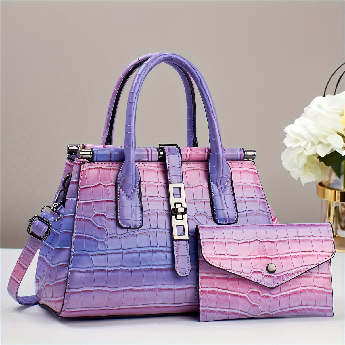 2 Pieces, Multi-Pocket Crocodile Pattern Tote Bag Set with Divider, Shoulder Bag,