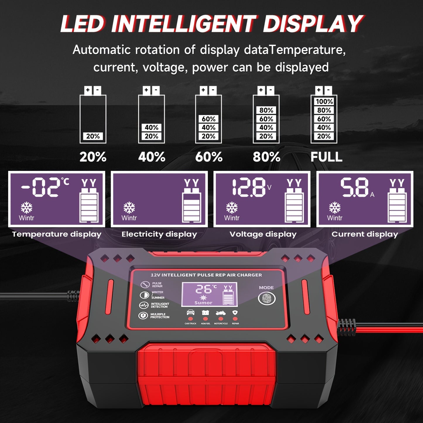 6A 12V Smart Automatic Car Battery Charger with Trickle Charger Maintainer for Car/Moto/Boat/RV/SUV