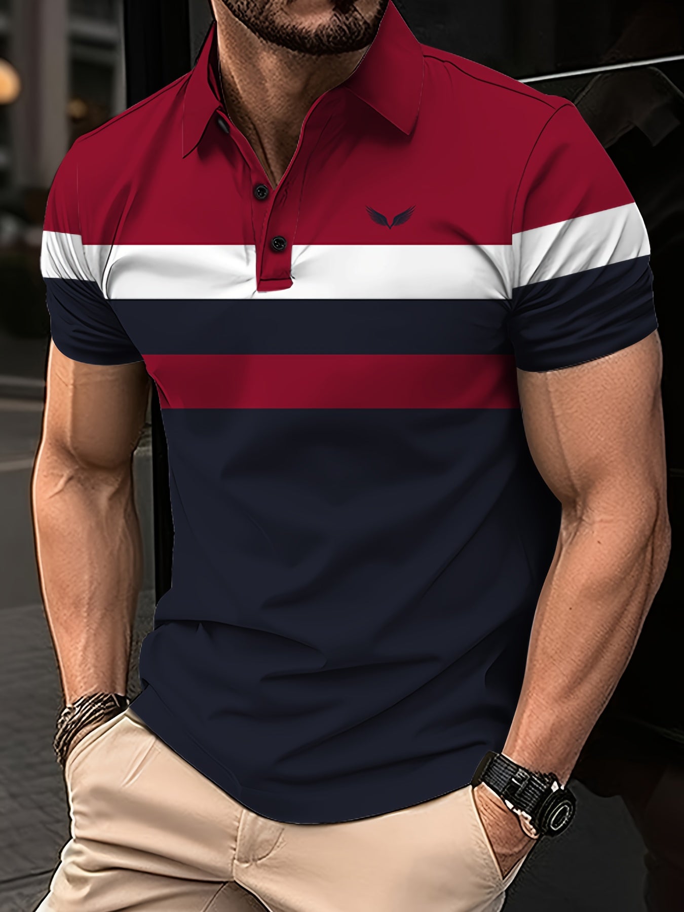 Men's Color Blocking Stripe Print Golf Shirt for Summer, Casual Stylish Short Sleeve Top As Gift