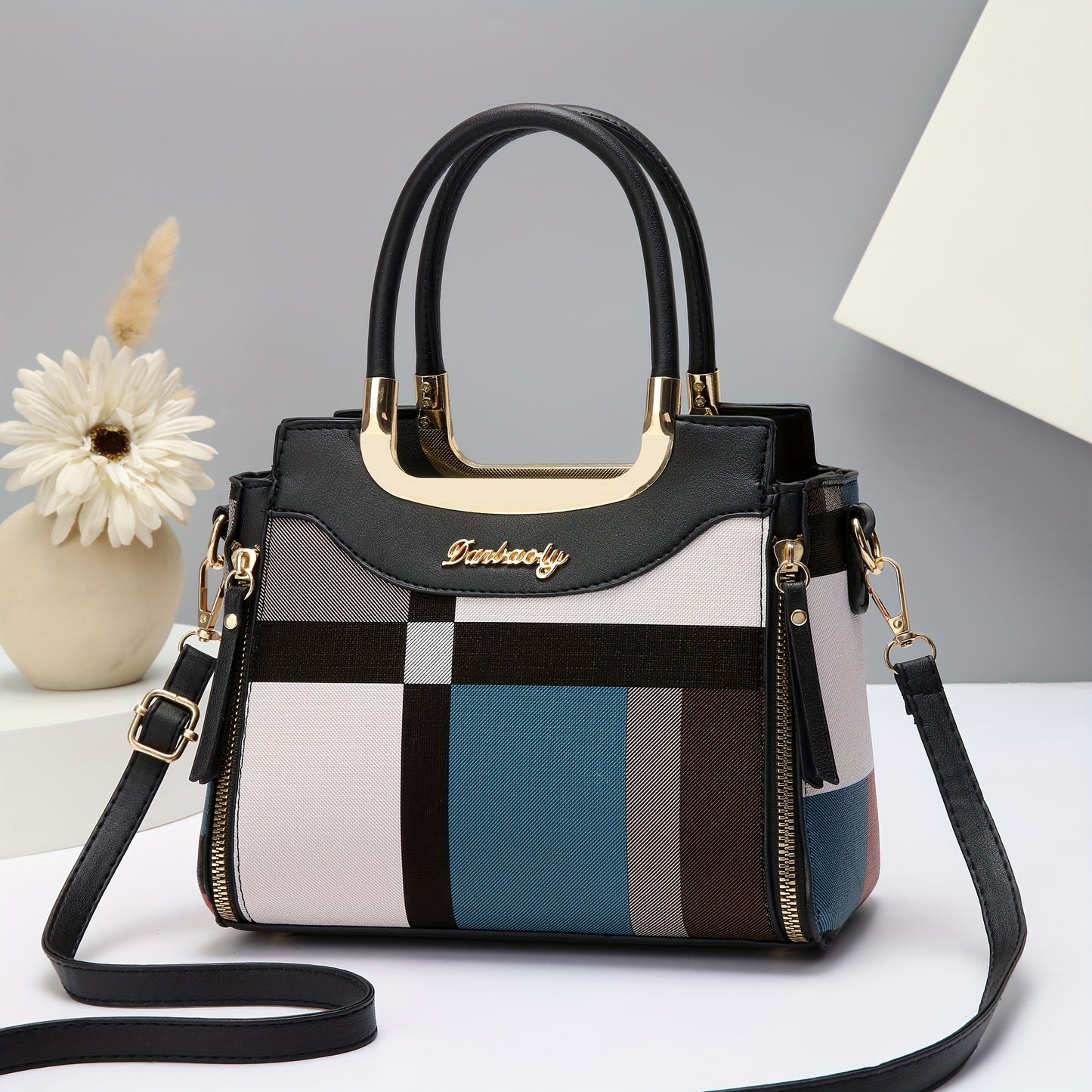 [1pc Chic Women'S Fashion Handbag] Elegant Faux Leather Plaid Top-Handle Bag with Adjustable Strap and Zipper Closure,