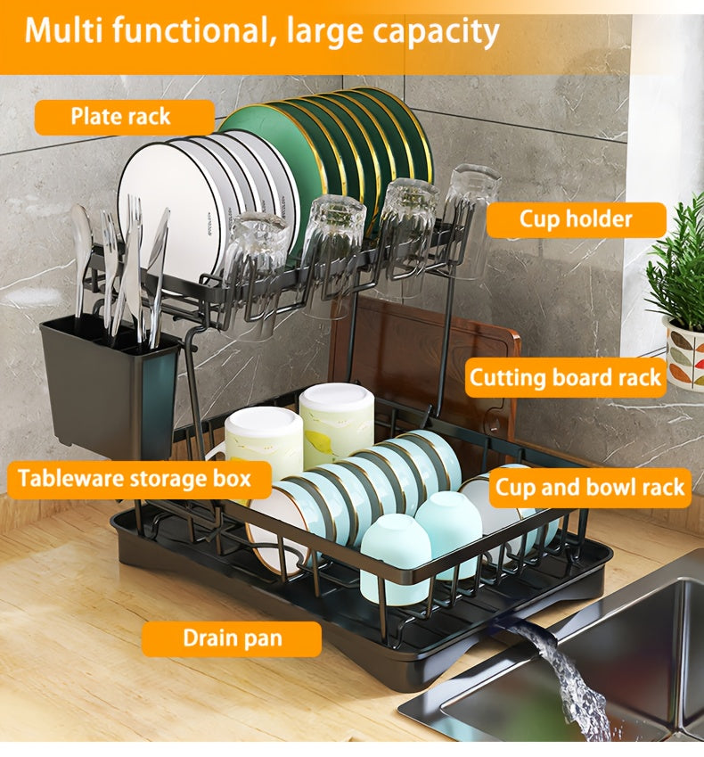 2-Tier Metal Dish Drying Rack with Self-Draining, Multifunctional Kitchen Counter Strainer