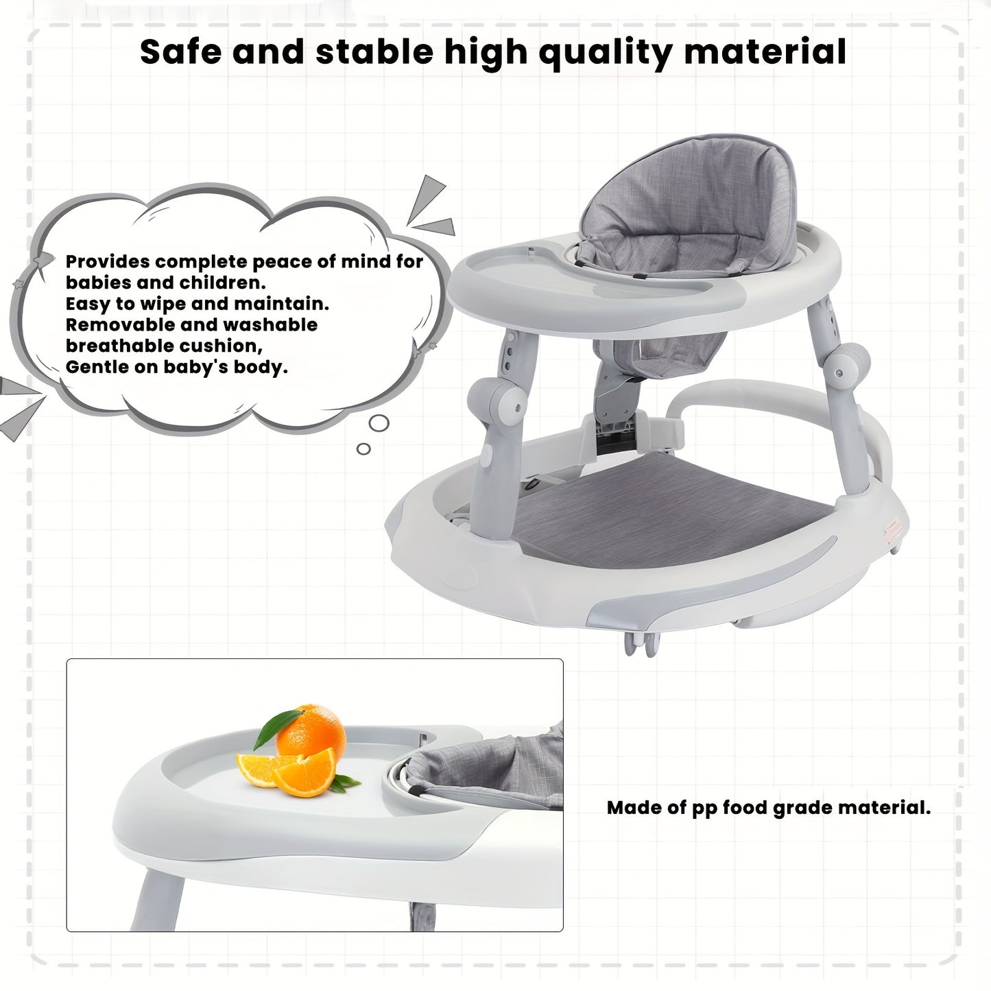 4-in-1 Foldable Baby Walker From 6 Months, Baby Activity Walker With Adjustable Height, Removable Tray,