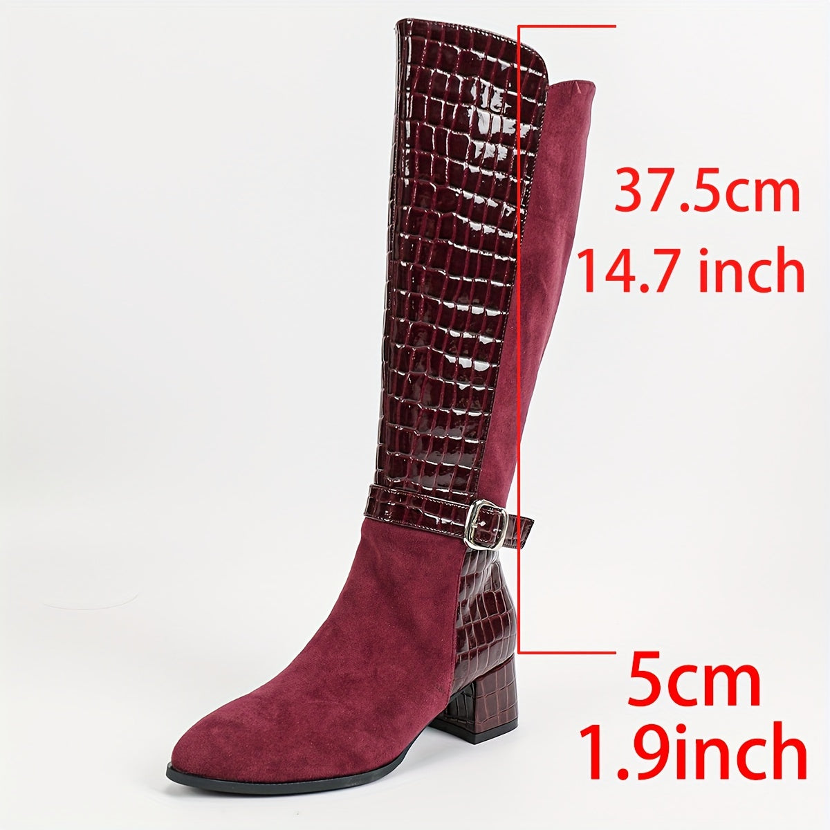 Wine Red Mid Heeled Boots - Knee High Boots with Side Zippers - Winter Plush Knight Boots