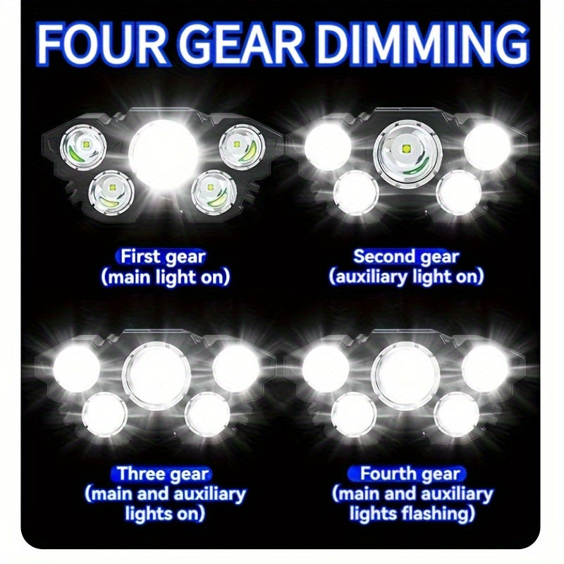 2pcs Multifunctional 5LED Headlight Head Mounted Flashlight Outdoor USB Charging Fishing Headlight Waterproof