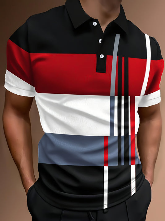 Mens Geometric Pattern Short Sleeve  Golf T-Shirt - Polyester Fabric, Machine Washable, Regular Fit, Casual Style - Perfect for Summer Outdoor Sports and Tennis