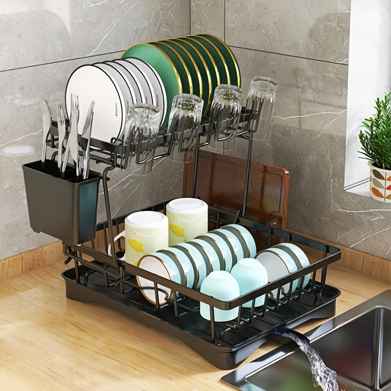 2-Tier Metal Dish Drying Rack with Self-Draining, Multifunctional Kitchen Counter Strainer