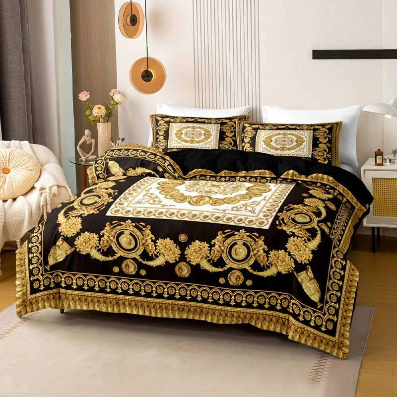 3 Pieces Luxury Black & Golden Digital Printed Duvet Cover Set with Pillowcases - Suitable for EU Single, EU Double, US Twin, US Full, US Queen, US King, and US Super King Beds - Machine Washable, Zipper Closure, 90g Polyeste