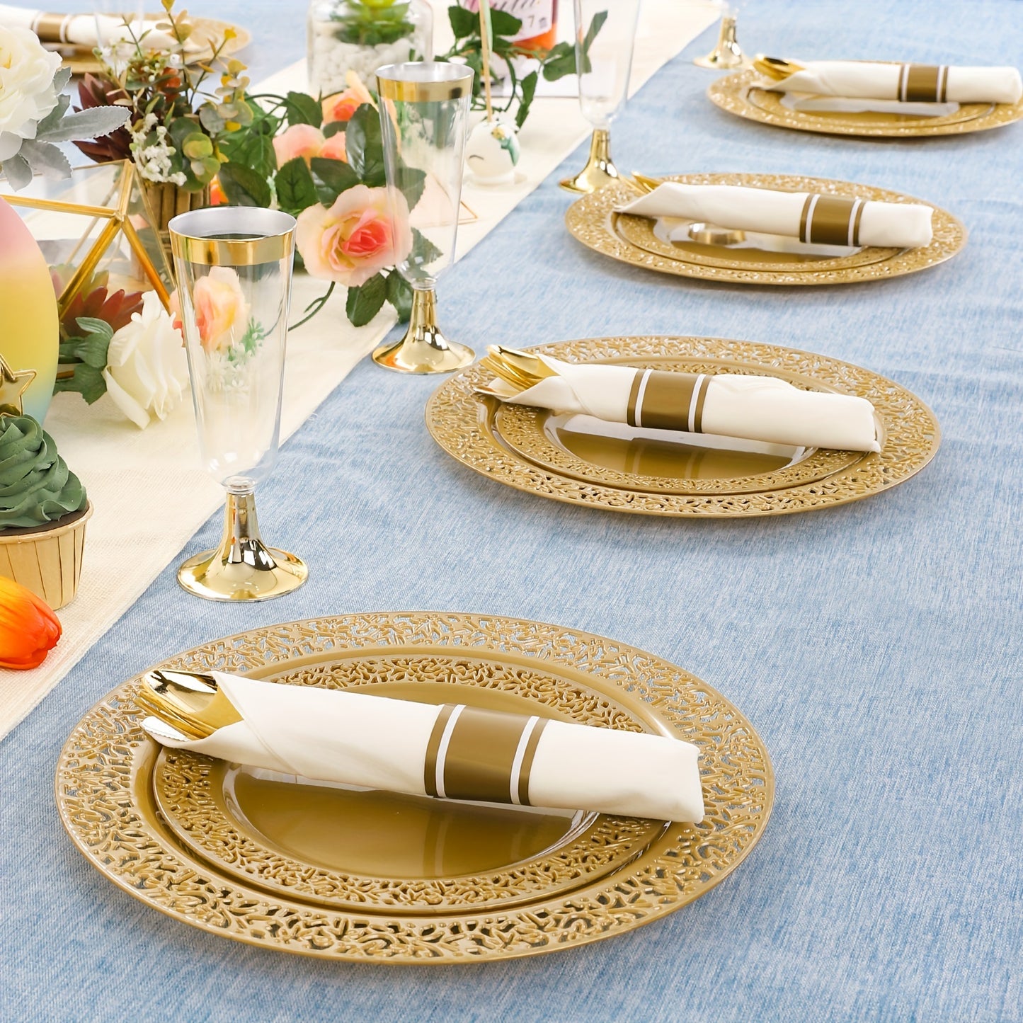 210 pcs Solid Golden Disposable Plates with Golden Plastic Silverware and Cups for Party,