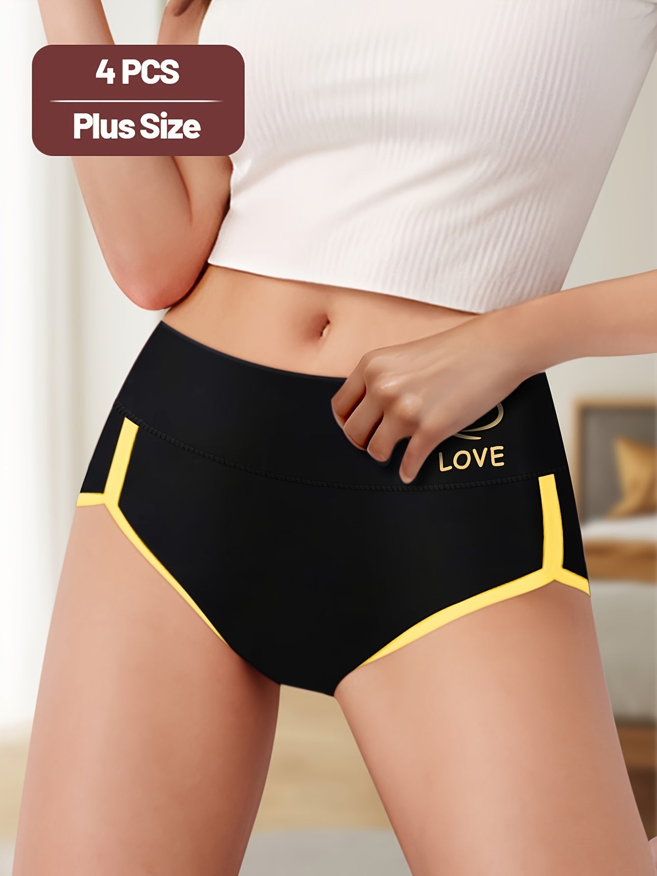 4pcs Women'S Mid-Rise Briefs, Elegant Polyester and Elastane Knit Fabric Underwear, Color Block Design with Tummy Control