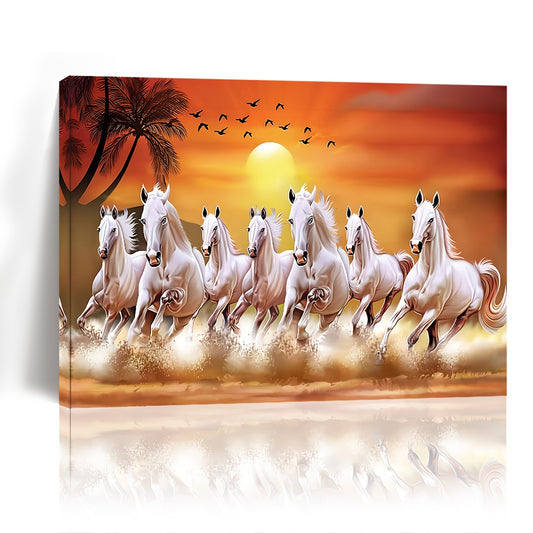 Seven Lucky Horses Canvas Wall Art,  Wood-Framed Wild Horses Print for Living Room, Bedroom, Office, Home Ornament, Gifting