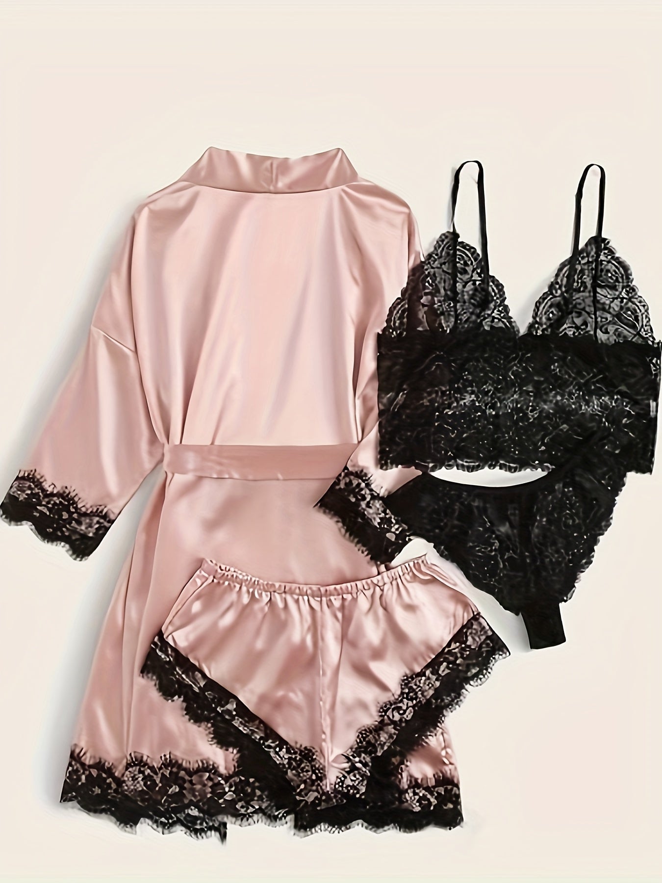 Women's 4-Piece Sleepwear Set, Three Quarter Sleeve Robe & V Neck Crop Cami Top & Panty & Mini Shorts