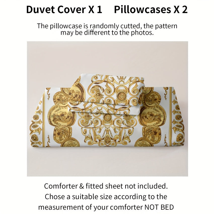 3 Pieces Luxury Black & Golden Digital Printed Duvet Cover Set with Pillowcases - Suitable for EU Single, EU Double, US Twin, US Full, US Queen, US King, and US Super King Beds - Machine Washable, Zipper Closure, 90g Polyeste