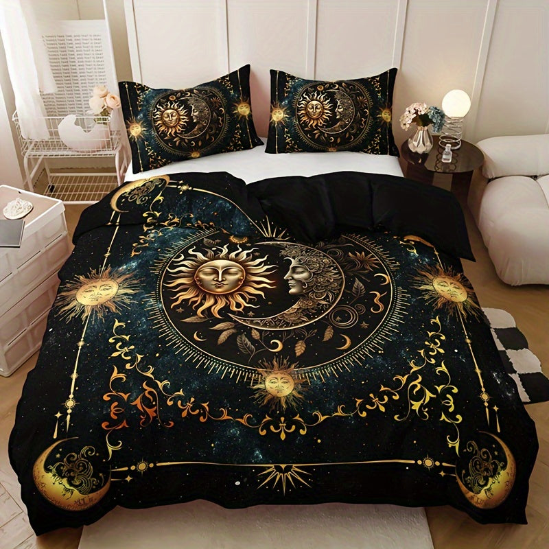 3pcs Golden Sun, Moon & Stars Bedding Set - Includes 1 Duvet Cover and 2 Pillowcases